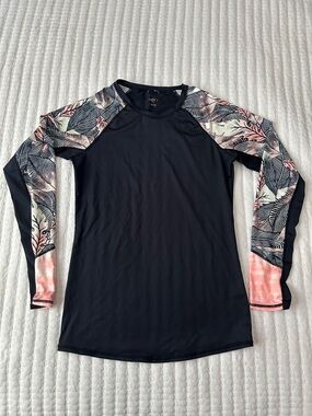 Roxy Black Long-Sleeve Rash Guard with Pink Floral Sleeves